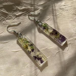 Handmade Purple and Yellow UV Resin Rectangular Floral Earrings